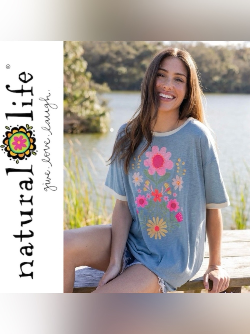 NATURAL LIFE Blue Folk Floral Ringer Oversized Graphic Tee Shirt NWOT Small